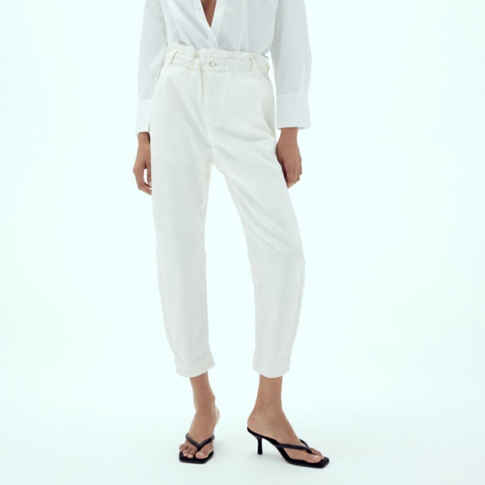 NWT Zara Women's Size 0 White Baggy Fit Paperbag Ankle Jeans - Picture 1 of 8